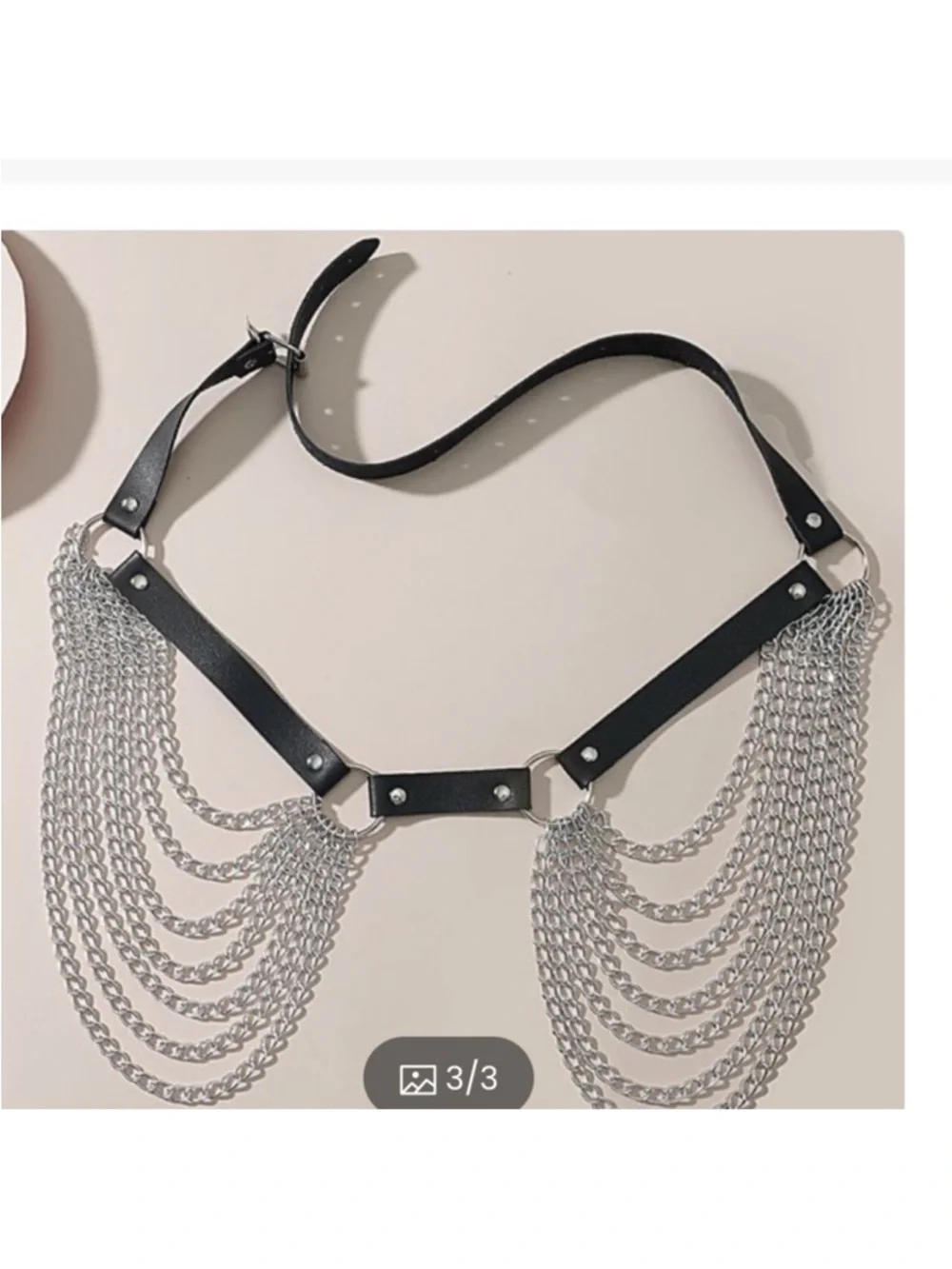 Silver Chain Fringe Layered Waist Belt with Black Leather Strap